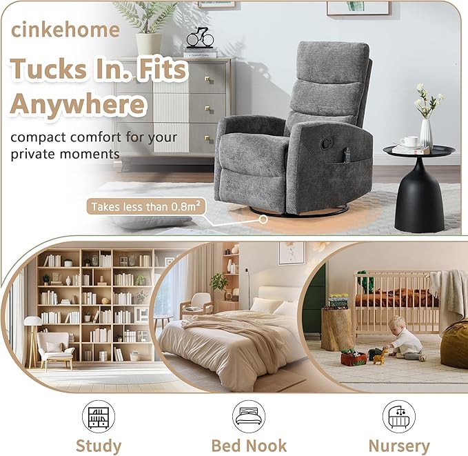 cinkehome Small Swivel Rocker Recliner Chair with Heated Massage Upholstered Nursery Glider Recliner Chair High Back Side Pocket (Grey Chenille Fabric)