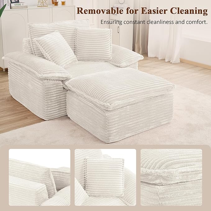 Oversized Sofa Chair with Movable 2-Layer Ottoman Corduroy Chaise Lounge Chair with Armrests Pillows Oversized Reading Accent Chairs Couch for Living Room Bedroom No Assembly (White)