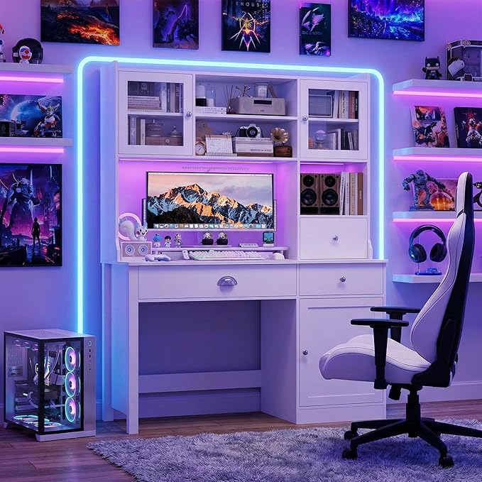FACBOTALL Computer Desk with Hutch and RGB Lights 65 Office Desk with Power Outlet Makeup Vanity with 3 Doors &amp 3 Drawers White Executive Desks for Home Work and Study