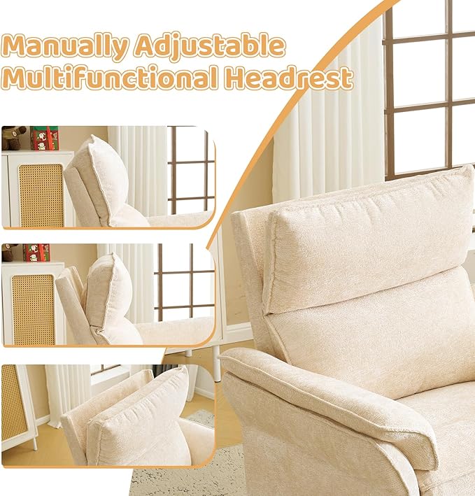 Oversized Rocking Chair Nursery with Adjustable Headrest 26 Wide Swivel Rocker Recliner Nuresry Chair with Overstuffed ArmrestManual Rocker Recliner for NurseryBeige