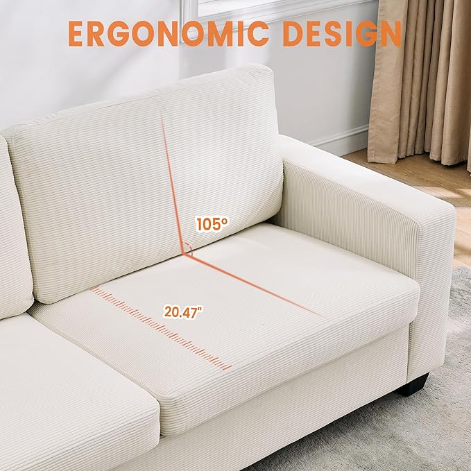 Modern Loveseat Sofa Couches for Living Room 83 Boneless Comfy Corduroy Sofa for Apartment Bedroom or Office Soft Upholstered Couch Compact Spaces Deep Seats Wood Frame Removable Cover White
