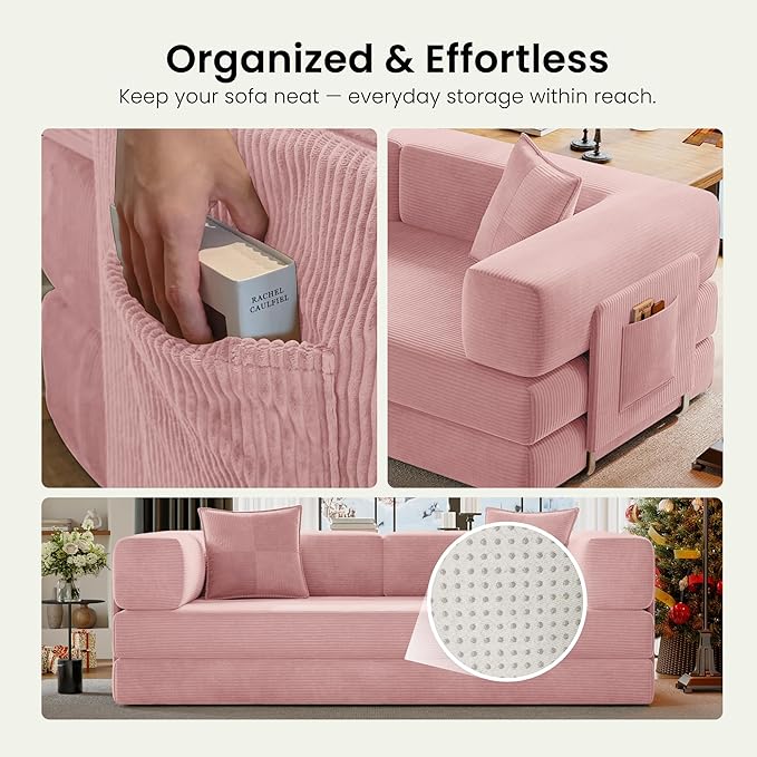 78.8 Convertible Futon Sofa BedCorduroy Futon Couch with Storage PocketFolding Pull Out SofaNo Assembly Boneless Couch for Living Room | Pink