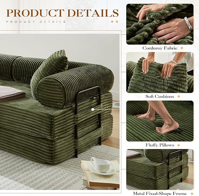 78.5W Convertible Folding Sofa Bed Corduroy Upholstered Queen Size Foam Floor Couch with Fixed-Shaped Frame Loveseat Sleeper Compression Sofa Foldable Mattress for Living Room Bedroom(Green)