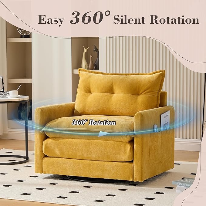Swivel Accent Chair 360° Rotation Chenille Upholstered Leisure Armchair with Lumbar Pillow Thick Padded Arm Chair with Metal Base Single Sofa Chair for Living Room BedroomOffice (Mustard yellow)