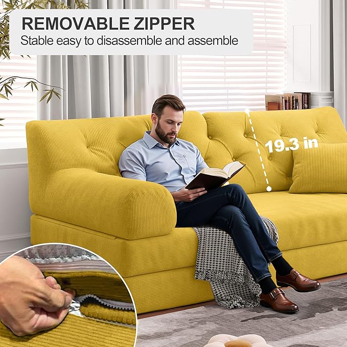 79 Convertible Sofa Bed with Pillows Corduroy Folding Sleeper Sofa with Fixed-Shape Frame Boneless Couch for Living Room Bedroom Floor Sofa Lounge No Assembly Required (C - Style - Yellow)