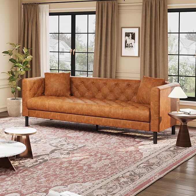 GAOMON 81 Mid-Century Modern Leather Sofa for Living Room Chesterfield Sofa with Deep Seats and 2 Pillows 3 Seater Couch with Button Tufted Leather Couch for Apartment Office Cognac Tan