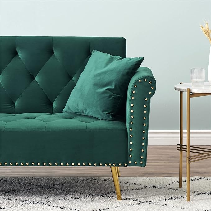 69.7'' Convertible Velvet Sleeper Sofa Bed Upholstered Futon Couch with Nail Head Trim and 2 Matching Throw Pillow for Living Room Bedroom Home Office (Green)