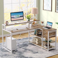 Tribesigns L Shaped Desk with Drawers and Monitor Stand L Corner Desk with Storage Shelves Beige Wooden PC Table for Samll Home Office