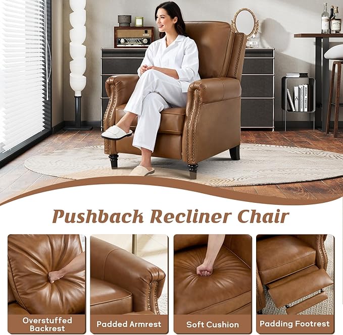 CANMOV Push Back Recliner Chair Set of 2 Genuine Leather Pushback Reclining Chair with Padded Seat Wingback Recliner with Rivet Decoration Single Sofa Recliner for Living Room Apartment Brown