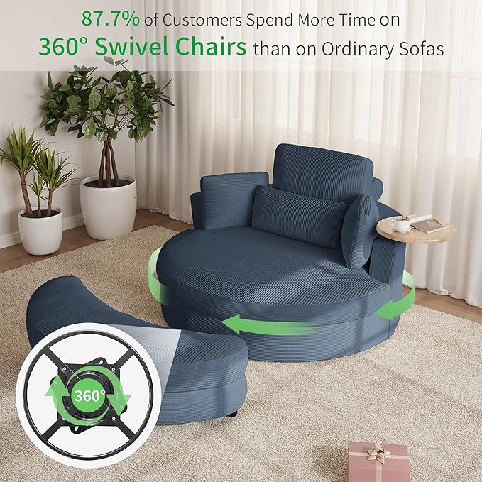 Oversized 360° Swivel Barrel Chair with Storage Ottoman &amp Rotatable Tray Table Modern Elegant 51’’ Corduroy Accent Chair with Cresent-Shaped Ottoman Extra Wide &amp Deep Seat Ocean Blue