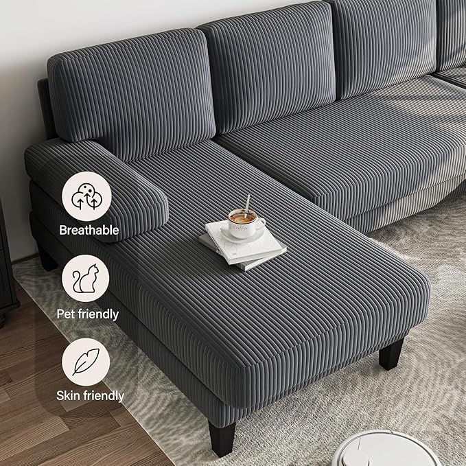 112'' Corduroy U Shaped Couch with Sleeper Lounge Chaise 4 Seat Modern Comfy Sectional Sofa Couches for Living Room Spacious Space Apartment Office (112'' Corduroy Gray)