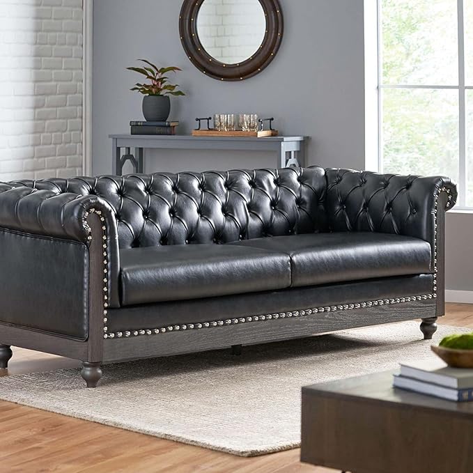 78.75''Chesterfield Sofa Couch Mid Century Modern Tufted Sofa with Rolled Arms and Nailhead 3-Seat PU Upholstered Couches with Solid Wood Legs for Living Room Office Black