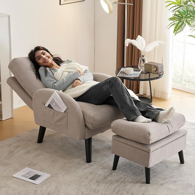ELUCHANG Accent Chairs with Ottoman Upholstered Comfy Armchair with Adjustable Backrest&ampStorage Footrest Lazy Chair Reading Chair Leisure Sofa Recliner for Living Room Bedroom (Light Grey - Line