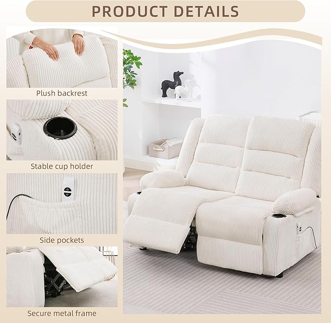 52Inch Power Loveseat ReclinerElectric Reclining Loveseat SofaAdjustable Love seat Recliner Sofa for Living RoomBedroom with Charging Ports(Striped White one seat+loveseat)