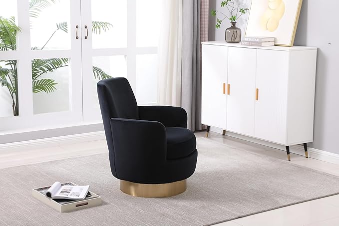Velvet Swivel Accent Chair Set of 2 Upholstered Barrel Chair with Golden Base Comfy Round Boucle Chair 360° Swivel Armchair for Living Room Bedroom Lounge Office Nursery Sillas Para SalaBlack