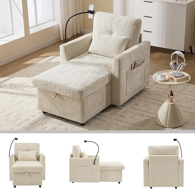 32 Comfy Chaise Lounge Sofa Bed Chair with Storage Side Pockets Phone Holder &amp 2 Pillows Modern Chenille Upholstered Sleeper Sofa Leisure Chair for Living Room Bedroom Small Spaces (Beige)
