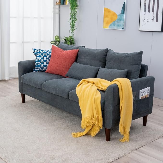 Panana Convertible Sectional Sofa CouchL-Shaped 2 or 3-Seat Sofa Sectional with Reversible Ottoman for Small Living Room Apartment (Gray Linen Fabric 3 Seater ONLY - Curved arms)