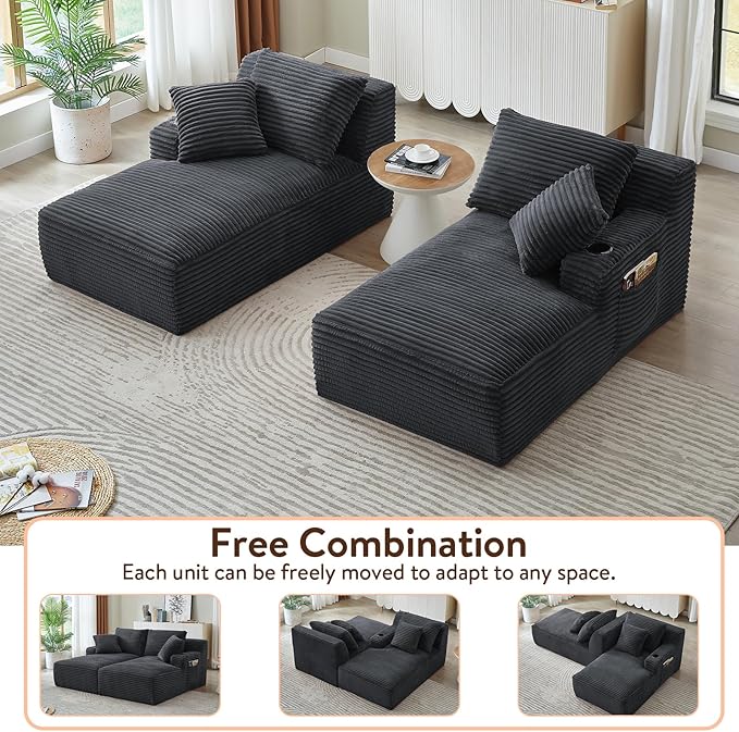 Oversized Double Chaise Lounge Chair Indoor Fluffy Upholstered Corduroy Sofa Bed with Throw Pillows Comfy Sleeper Deep Seat Sectional Loveseat Sofa Couch for Living Room (Dark Gray)