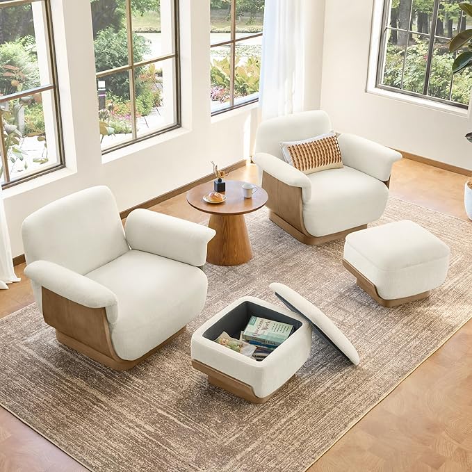 CHITA Fabric Swivel Chair with Storage Ottoman Modern Living Room Accent Chair with Lounge Seat for Bedroom Office Cream