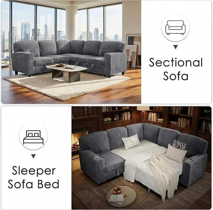81 Modular Sectional Sleeper Sofa with Pull Out Bed L Shaped Couch with Storage Seat Convertible Sectional Couches for Living Room Corduroy Grey