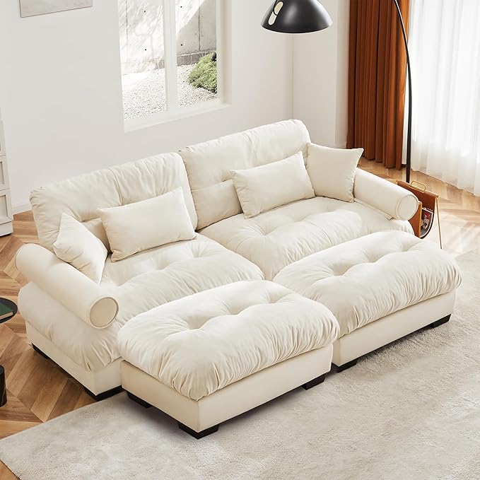 Oversized Modular Velvet Sectional Cloud Sofa Couch with Movable OttomanCorner Sofa with Comfortable Armrests Deep Seat Convertible L or U Shaped Couch (Beige 2 Seat +2 Ottoman)