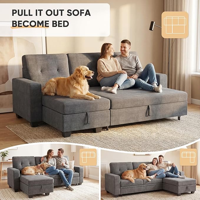 JUMMICO Sofa Bed Sleeper Pull Out Couch with Reversible Storage Chaise Convertible L Shaped Sectional Couches for Living Room Apartment (Linen Fabric Dark Grey)