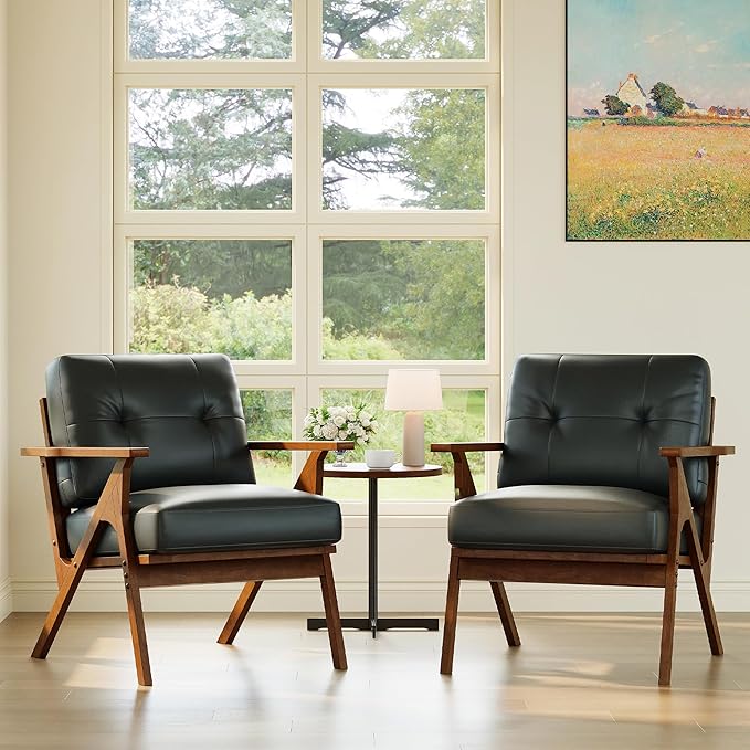 STHOUYN Black Leather Office Accent Chair Set of 2 Office Lounge Chair with Wooden Arms Mid Century Modern Chair Side Arm Chairs for Living Room Comfy Guest Waiting Room Chairs (2 Black)