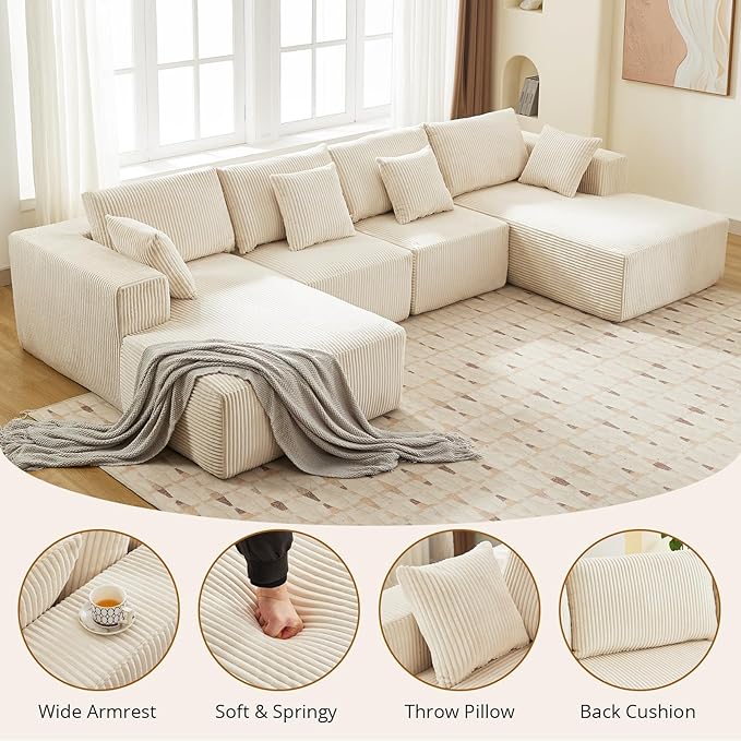 Cloud Boneless Couch 137 Modern Sectional U-Shaped Comfy No Assembly Required Convertible Compression Sleeper Modular Sofa with Corduroy Fabric Deep Seat Single + Chaise for Living Room