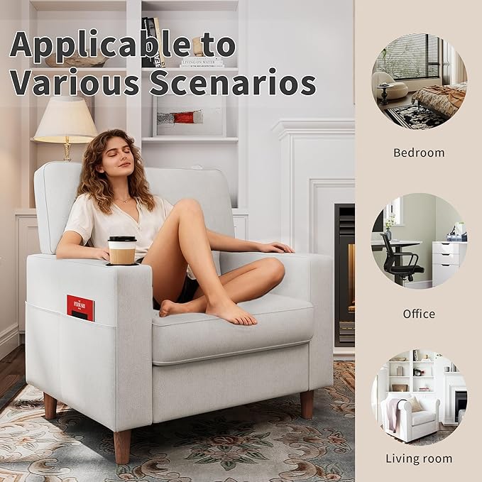 Actinidia Oversized Accent Chair with Cup HoldersMid Century Modern Upholstered Living Room ChairHigh Back Single Sofa ChairReading Armchair for Bedroom Apartment Waiting Room Office White