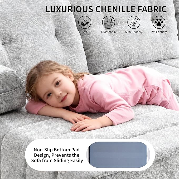 Modular Sectional Sofa with Chaise 104.33 L-Shape Boneless Couch with Pillows and Side Pockets 3-Seater Sectional Couches for Living Room Bedroom Chenille Fabric Grey