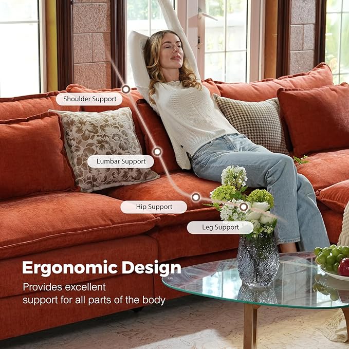 ELUCHANG 150 U Shaped Sectional Couch Comfy Cloud Modular Sectional Sofa with Movable Ottoman 6-Seat Deep Seat Modern Cloud Sofa Couches for Living Room Bedroom and Apartment Chenille Orange