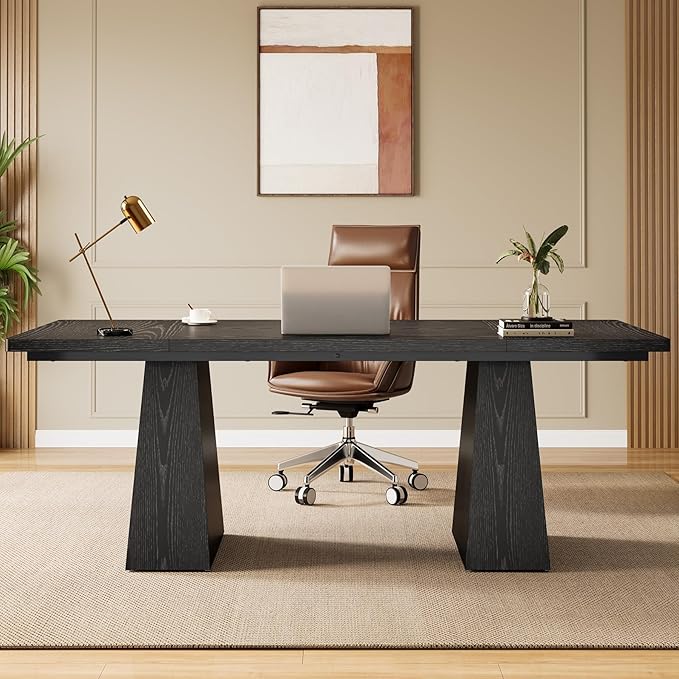 Tribesigns 63-Inch Executive Desk Modern Black Office Computer Desk with Sturdy Double Pedestal Large Study Writing Table Simple Workstation for Home Office