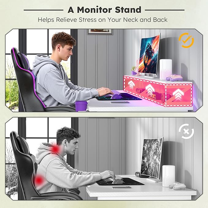 48 inch Gaming Desk with LED Lights &amp Power Outlet Computer Desk with Monitor Shelf &amp Mouse Pad &amp Cup Holder Ergonomic Carbon Fiber Gaming Table PC Work Home Office Desks PC TableWhite