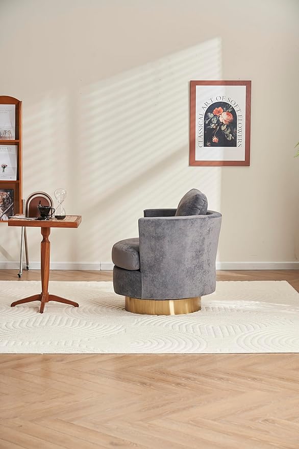 Velvet Swivel Barrel Chair Swivel Accent Chairs Armchair for Living Room Reading Chairs for Bedroom Comfy Round Barrel Chairs with Gold Stainless Steel Base (Grey)