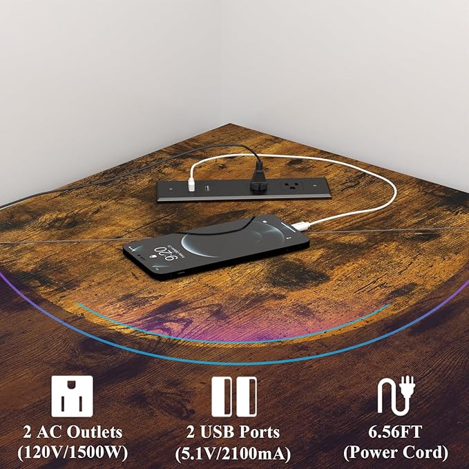 Auromie Corner Desk with Outlets &amp USB Ports 90 Degree Triangle Corner Table with CPU Stand &amp Storage Shelves for Small Space Computer Table with Charging Station for Home Office Bedroom (Ru