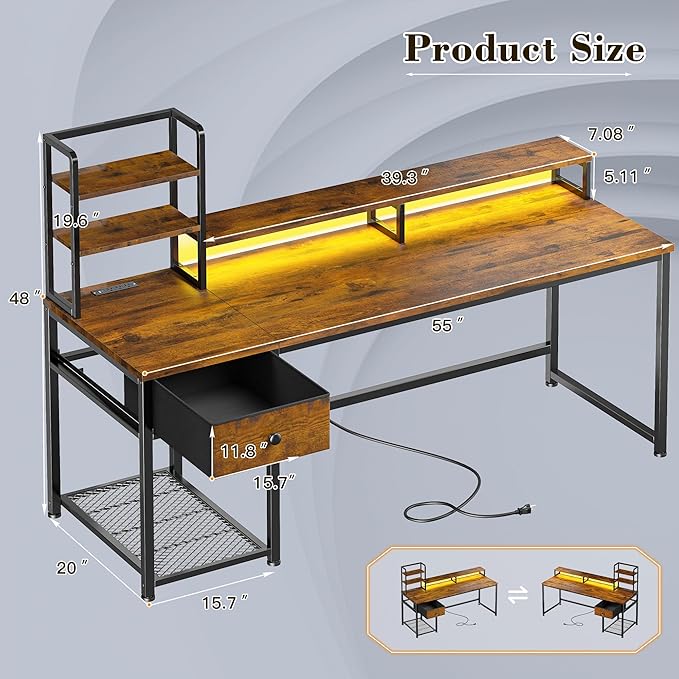 EnHomee 55 Inch Computer Desk with Hutch and DrawersReversible Home Office Desk with Monitor ShelfGaming Desks with USB Power OutletsWriting Gaming Table for Office with LED LightsRustic Brown