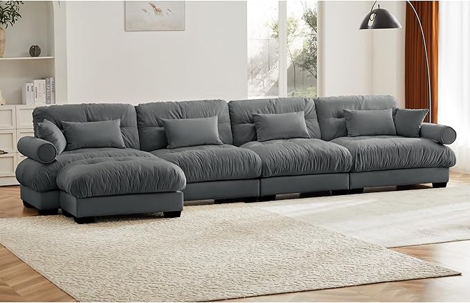 166 Modular Sectional SofaVelvet Upholstered Couches for Living Room4 Seater Grey Sofa Couch with Movable OttomanBig Comfy Cloud Couch with Deep Seats for Living RoomApartmentBedroom