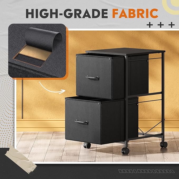 DEVAISE 2 Drawer Mobile File Cabinet Rolling Printer Stand Fabric Vertical Filing Cabinet fits A4 or Letter Size for Home Office Black