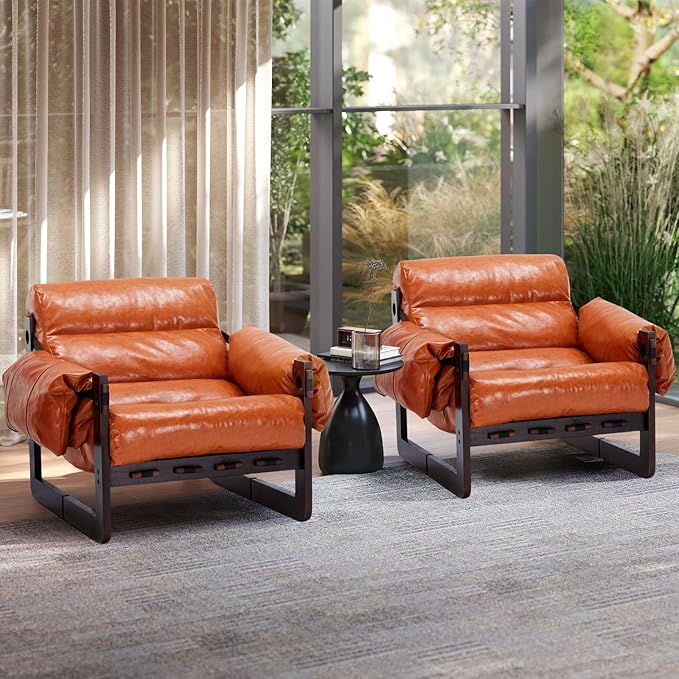 Furnilivng Modern Lounge Accent Chair Comfortable Oil Waxed Leather Arm Chair with Sturdy Wood Frame Upholstered Cozy Sofa Chair for Living Room Bedroom Dressing Room Home Office Retro Orange
