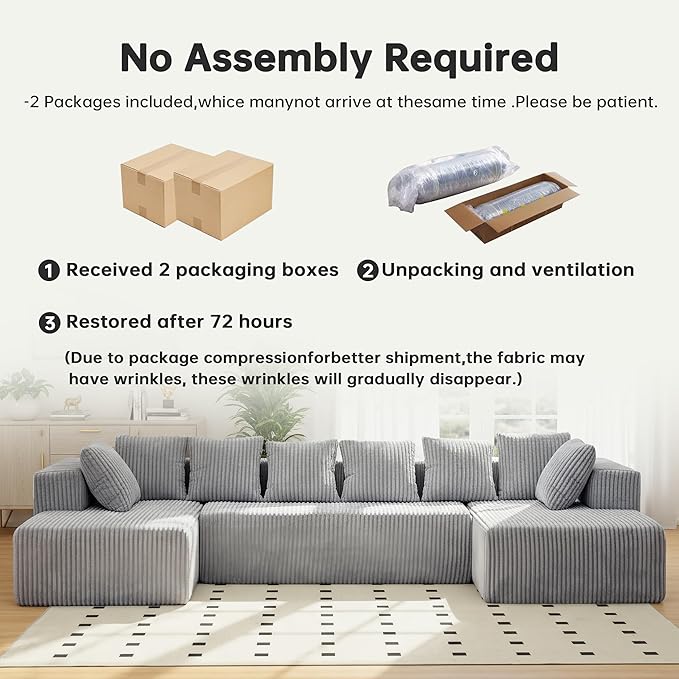 130 Boneless Couch Cloud Couch Sectional Corduroy Sofa for Living Room U Shaped Modular Sofa with Chaise No Assembly 4 Seats Oversized (Grey)