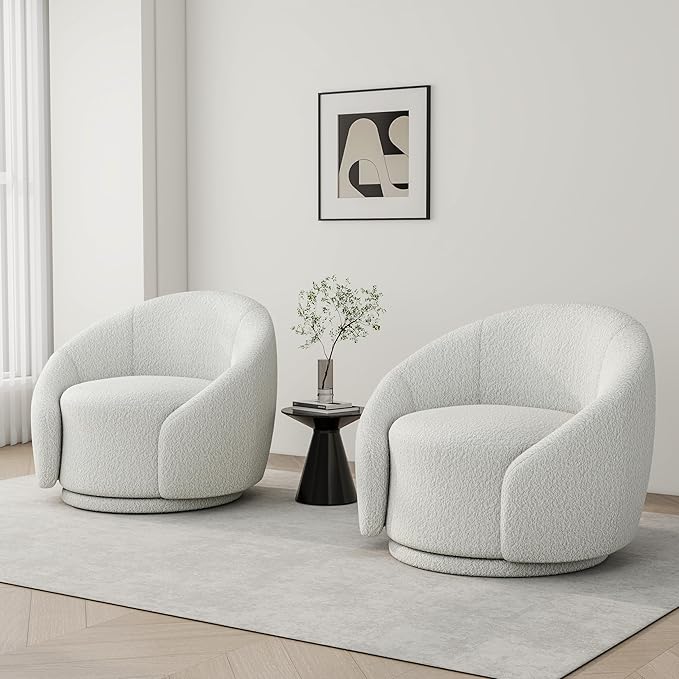 Swivel Barrel Accent Chair 360° Small Round Sofa Chair Comfy Modern Reading Armchair for Living Room Bedroom (Boucle White Set of 2)