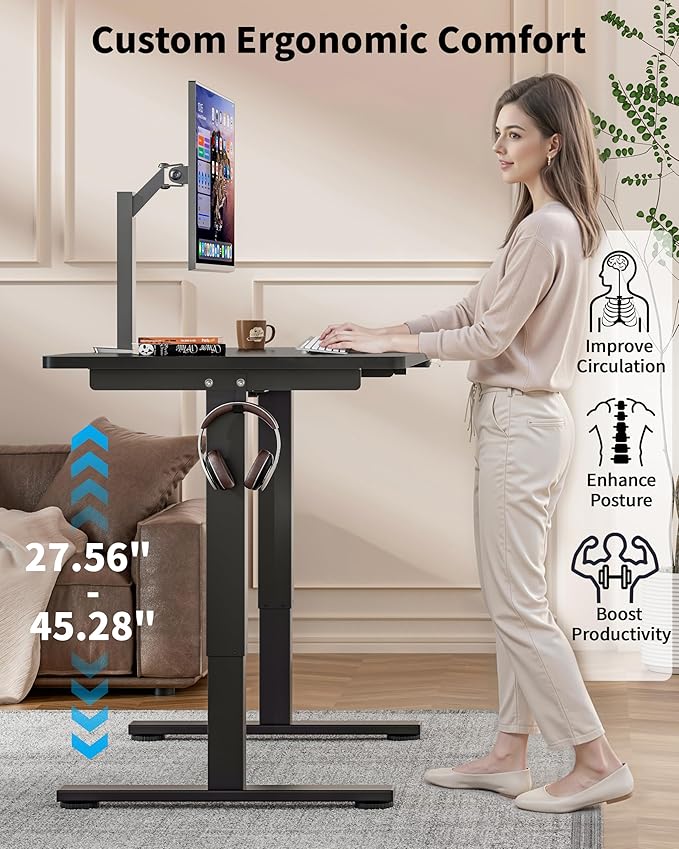 Okin Electric Standing Desk 40 x 24 Inches Whole Piece Height Adjustable Desk Black Sit to Stand Desks Computer Workstation with Wheels for Home Office