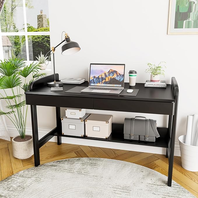 100% Solid Wood Desk with Drawers - 40 Inch Simple Modern Desks Writing Desk with Drawers &amp Shelf Work Study Table Adjustable Height Home Office Computer Desks - Black