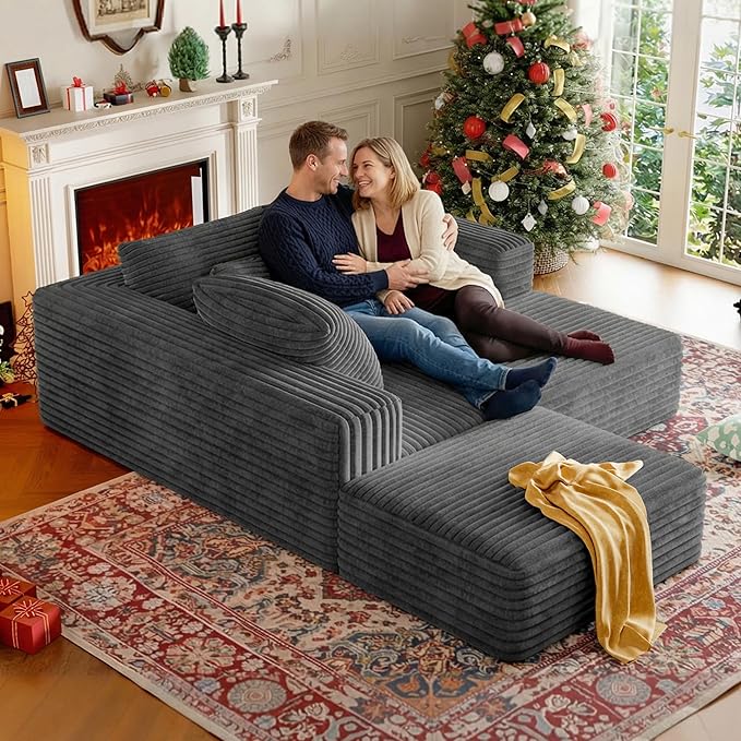 CHORRO107''Sectional Cloud Couch for LivingroomModular Corduroy Boneless Couch U-Shaped Sofa with Chaise and Pillows4-Deep Seat Sectional Sofa with 2 OttomanNo Assembly(Grey)