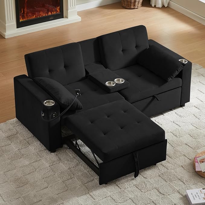 70 Queen Size Sofa Bed for Living Room – Pull-Out Sleeper Sofa Couch with Cup Holder Phone Holder USB Charging Port Solid Wood Frame Easy Assembly Space-Saving Design for Small Apartments