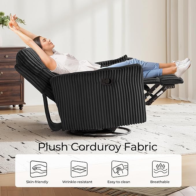 LINSY 360 Swivel Recliner Chair Nursery Glider Rocking Chair with 2 Pillows Corduroy Nursing Chair Comfy High Back Adult Rocker Recliner for Small Spaces Nursery Bedroom Living Room (Black)