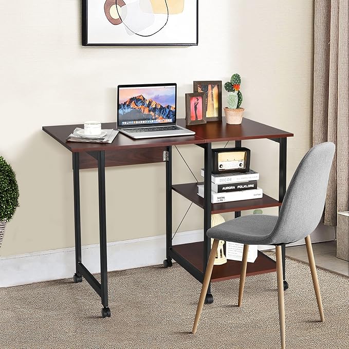 DORTALA Folding Computer Desk Modern Writing Table w/ 2-Tier Storage Shelves PC Laptop Study Table Workstation w/ 6 Wheels Space Saving Compact Desk Side Table for Home Office Apartment Brown
