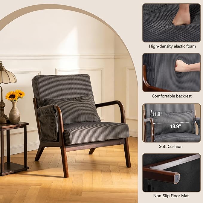 Mid-Century Modern Accent Chairs Upholstered Fabric Lounge Arm Chair with Storage Pocket Lumbar Cushion &amp Solid Wood Frame for Living Room Bedroom Balcony (Dark Gray)