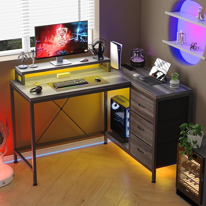 Hetoy L-Shaped Gaming Desk with Power Outlets Corner Desk with Drawers Shelves &amp LED Lights Computer Desk for Home &amp Office