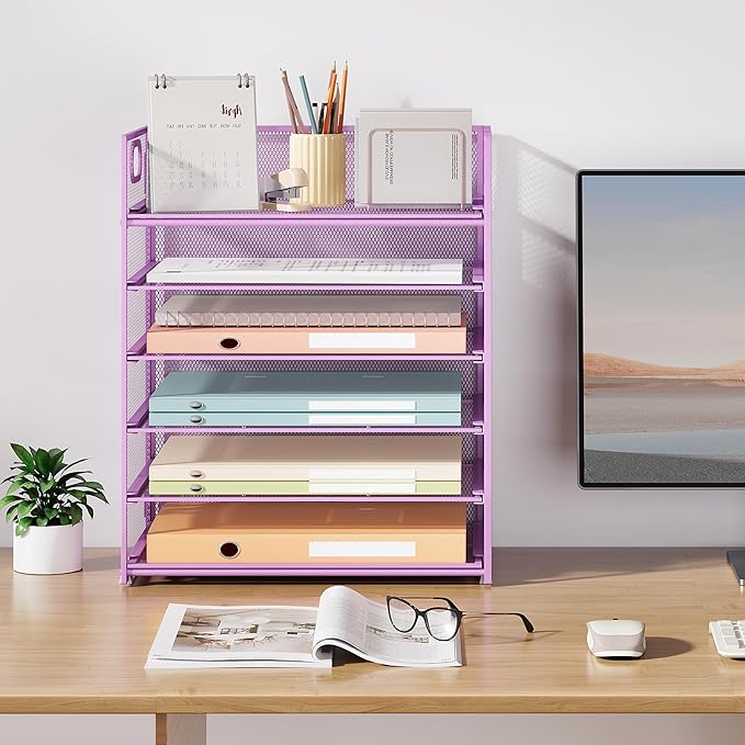 Subekyu 6-Tier Desk Paper Organizer Desktop File Letter Tray with Handle Document Sorter and Accessories Holder for Office Home and School Workspace Organizers Purple-2 Pack
